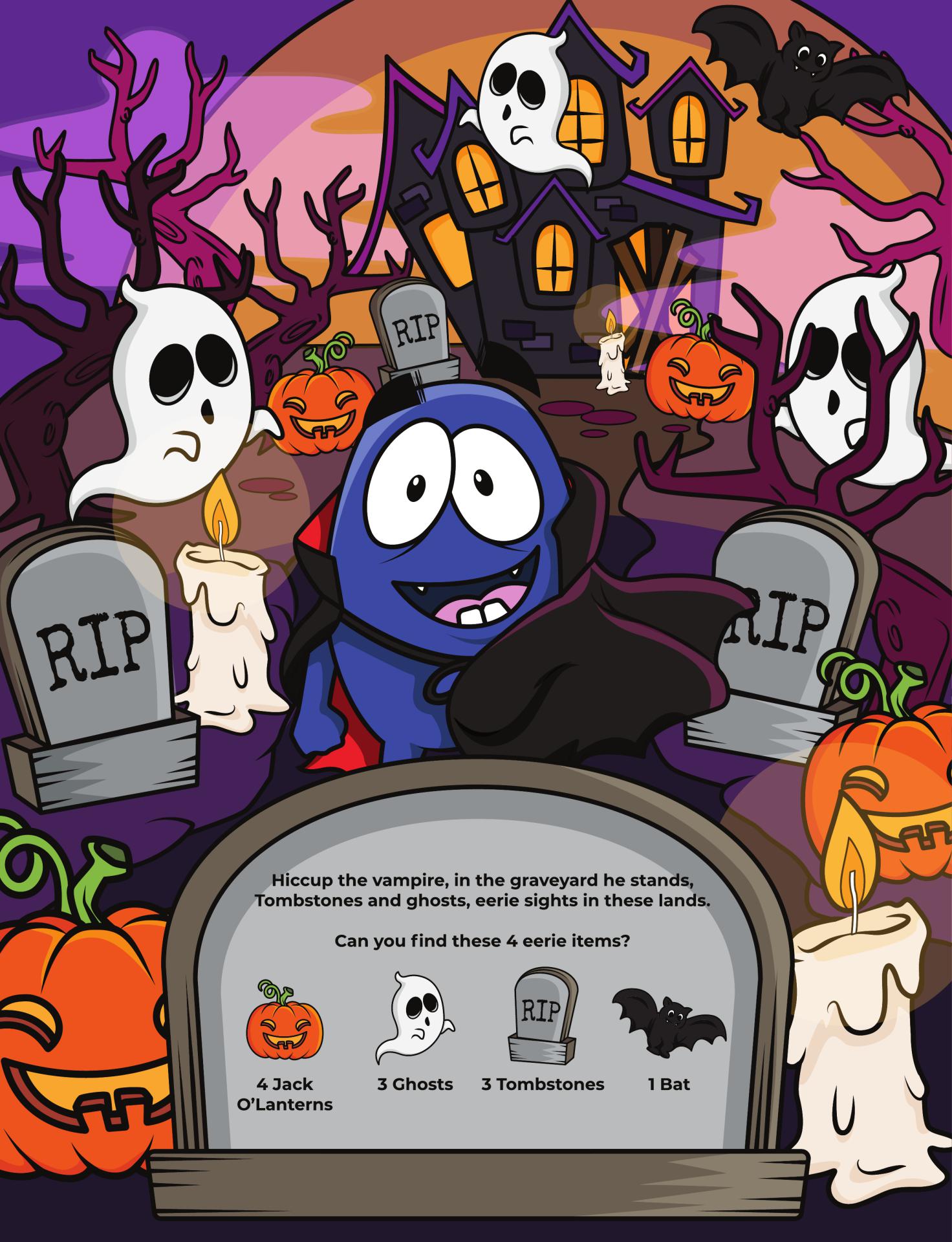 Interior page with friendly ghosts and pumpkins to find